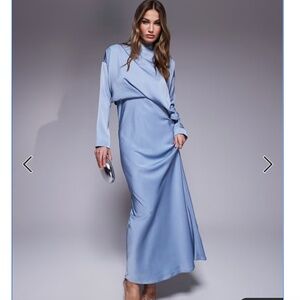 ASOS DESIGN high neck bias cut satin maxi dress with sleeve detail in blue